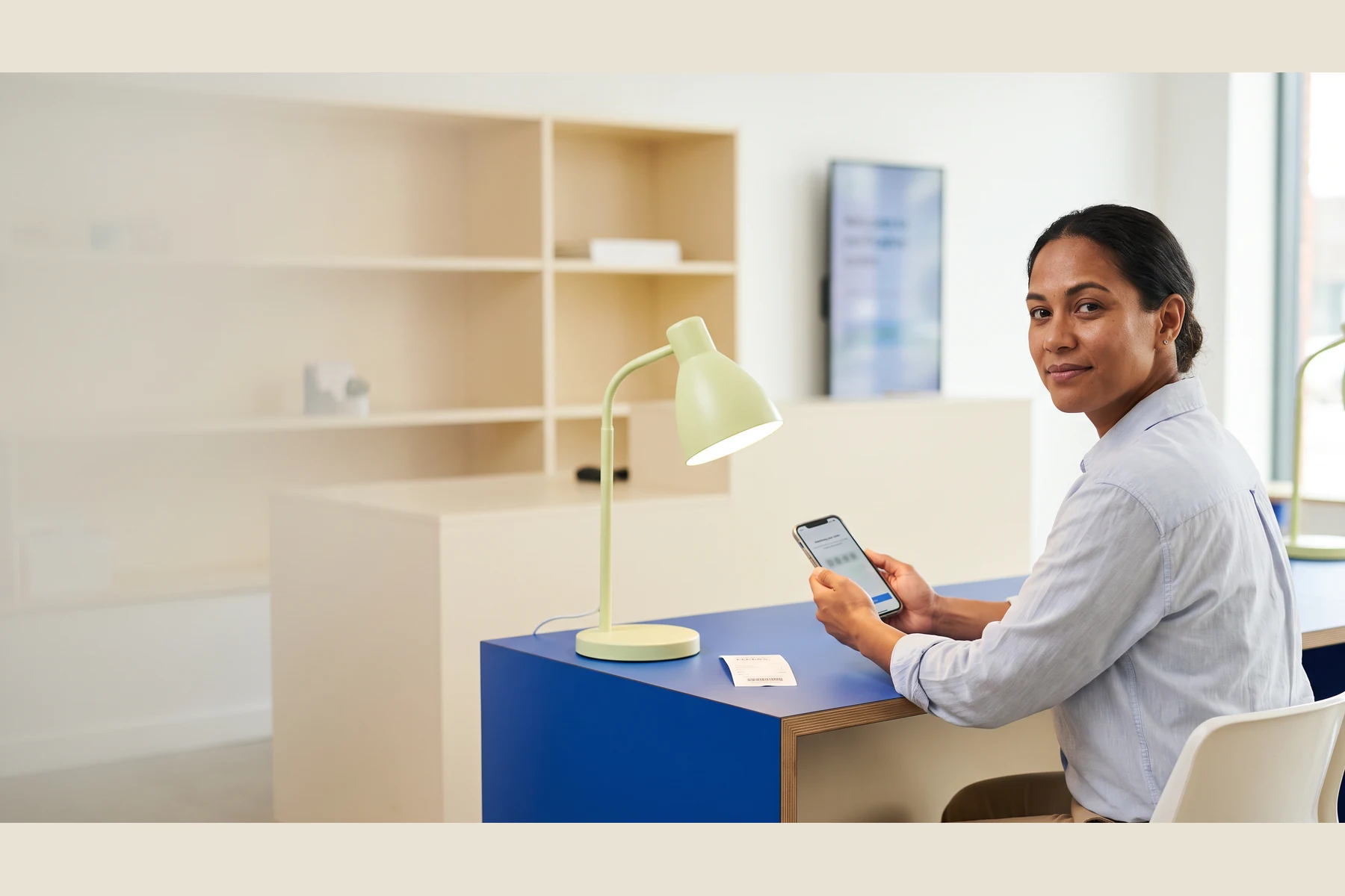 Person using a phone at a blue desk
