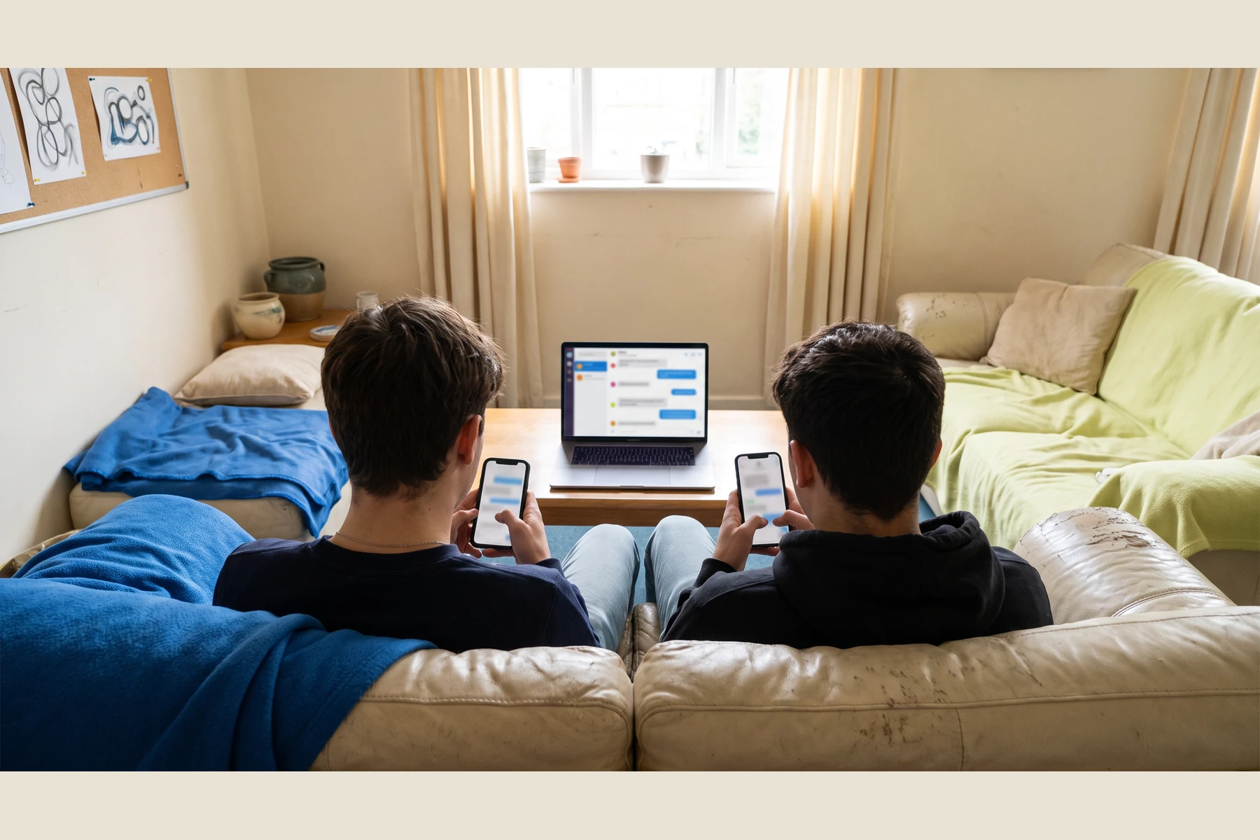 Two people using a computer in a living room