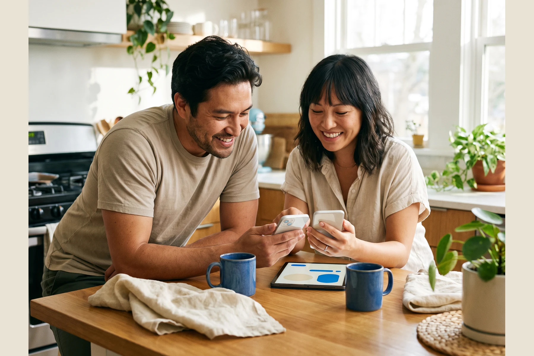 Two people reviewing a phone together at home