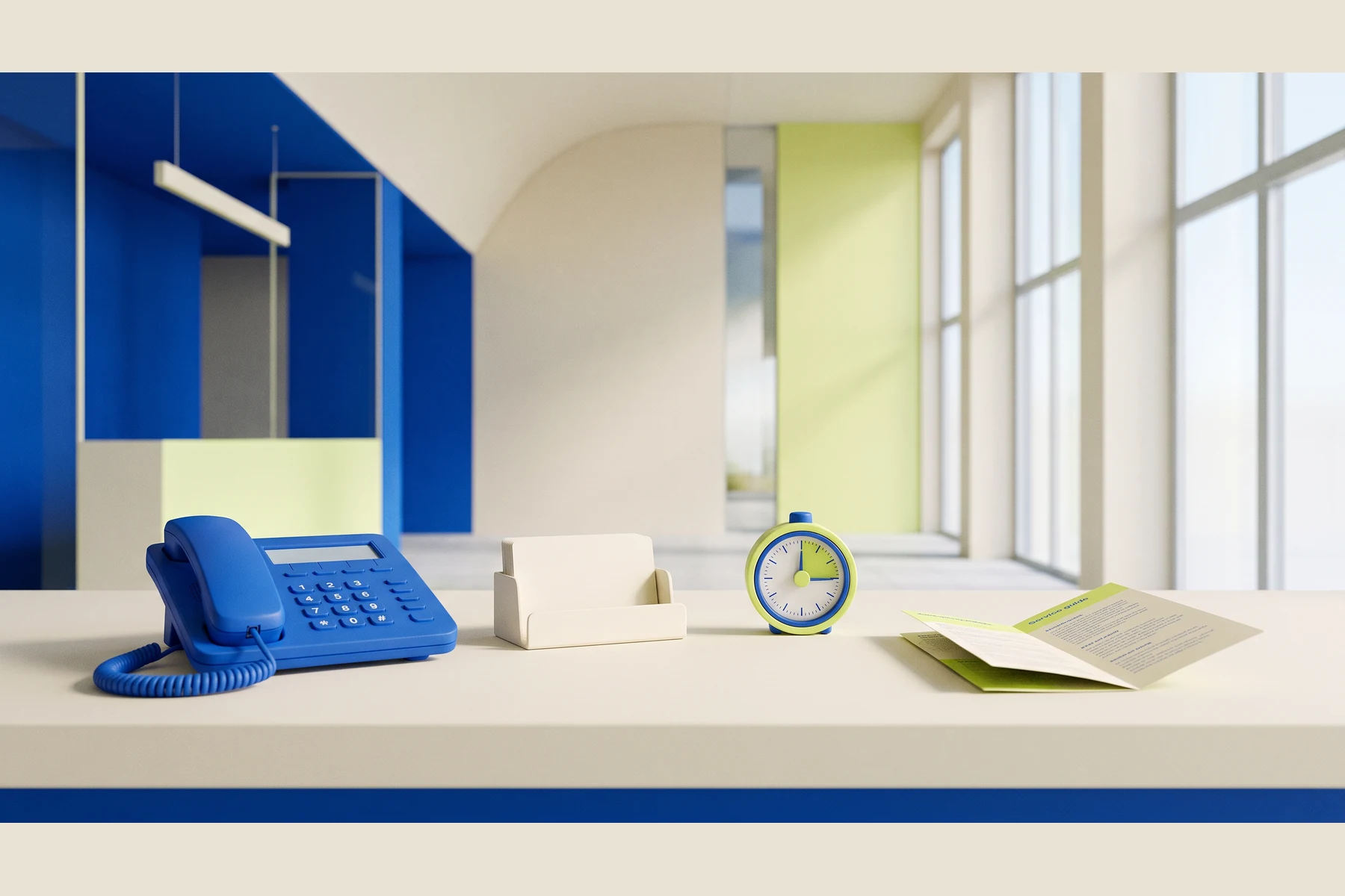 A calm blue desk with a phone and an alarm clock