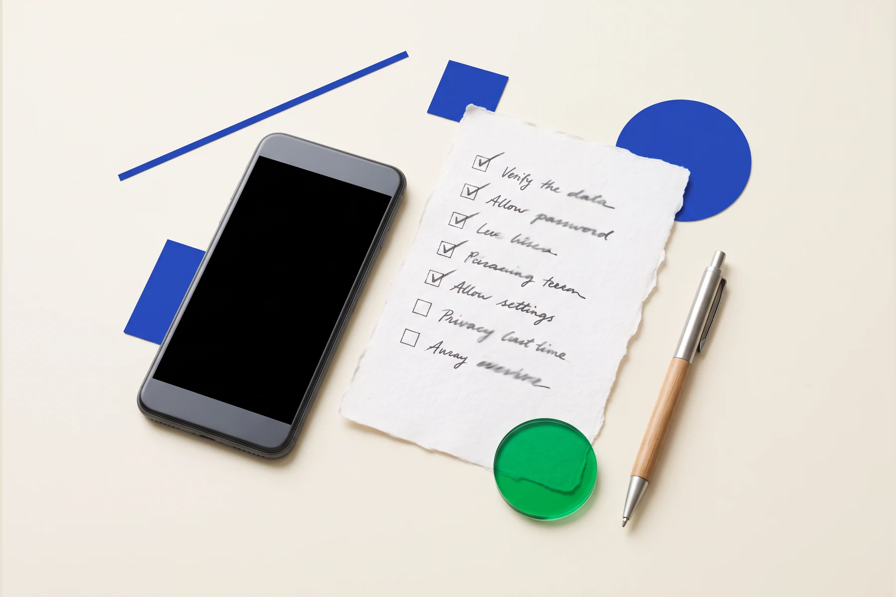 A phone, handwritten checklist, and pen on a pale desk